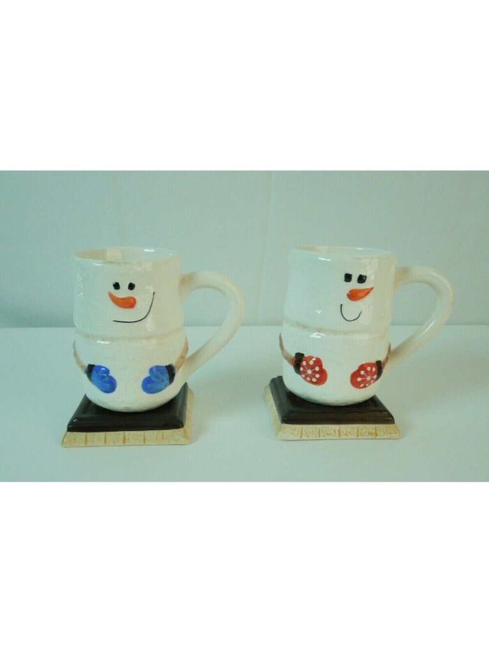 Set of Holiday Christmas Snowman Red Blue Mittens Coffee Hot Chocolate Tea Mugs